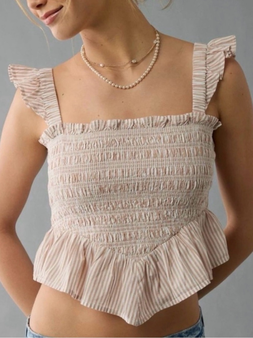 American‎ Eagle Outfitters Beige Striped Smocked Peplum Tank